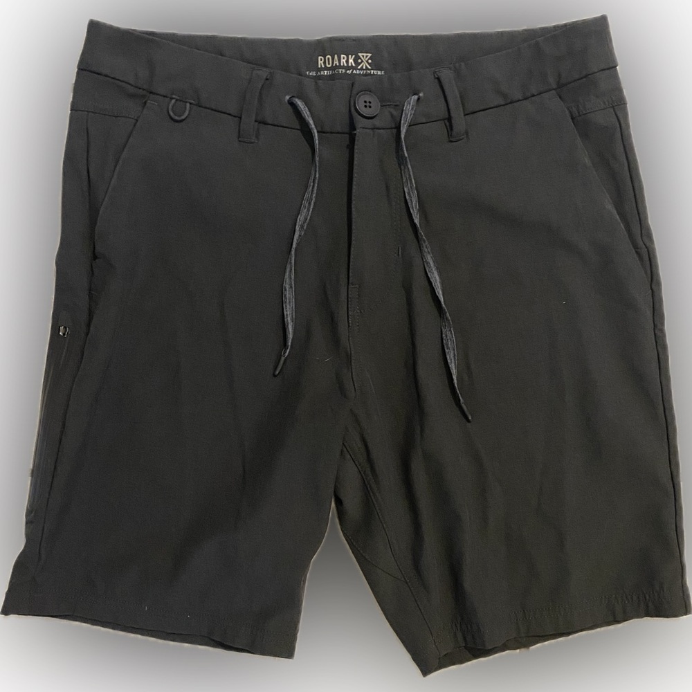 Roark hybrid shorts, color black, no size tag but fit like a size 30